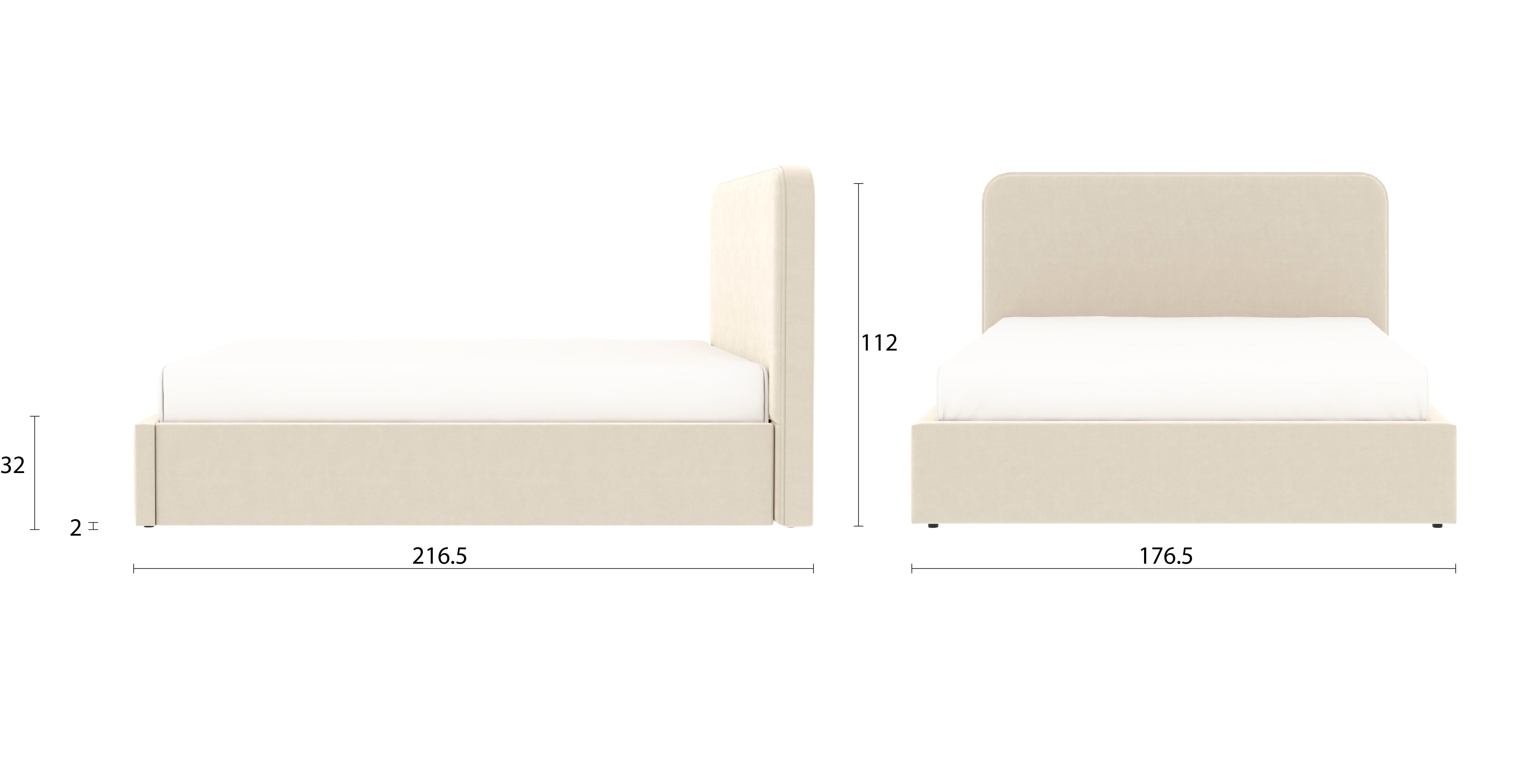 Détail des dimensions principales du lit coffre ANTON 160x200 cm avec coffre de rangement en finition velours beige
