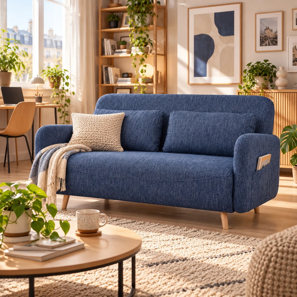 Vue lifestyle du canape lit BZ ARI en finition tissu bleu jeans