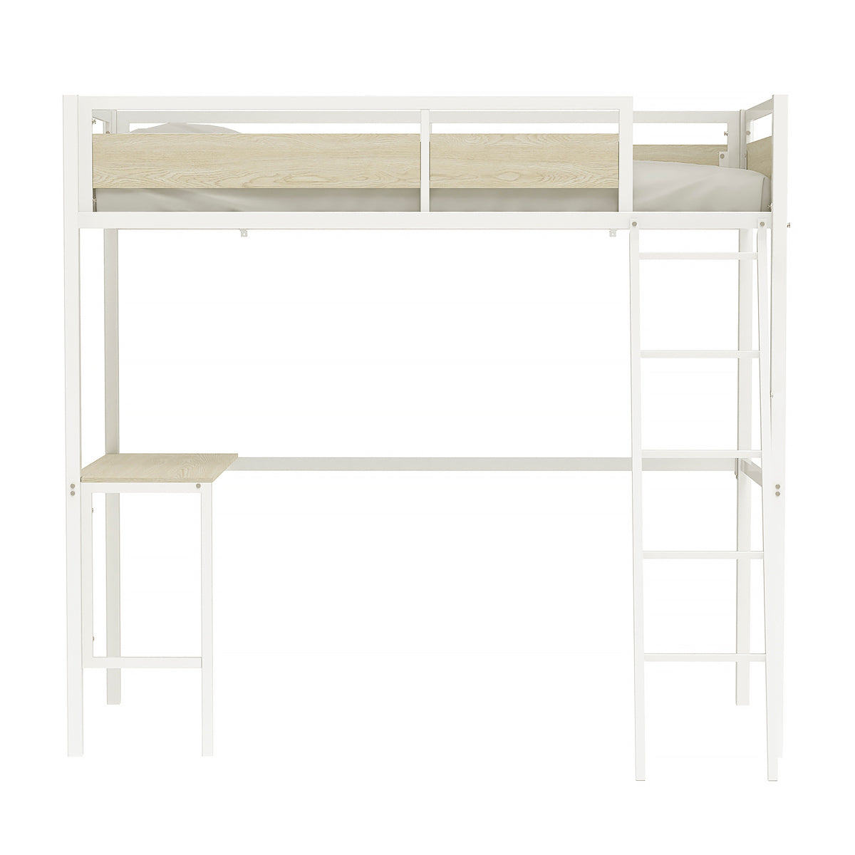 Vue de face du lit mezzanine DINO avec bureau 90x190 cm en finition mélamine chêne et métal blanc