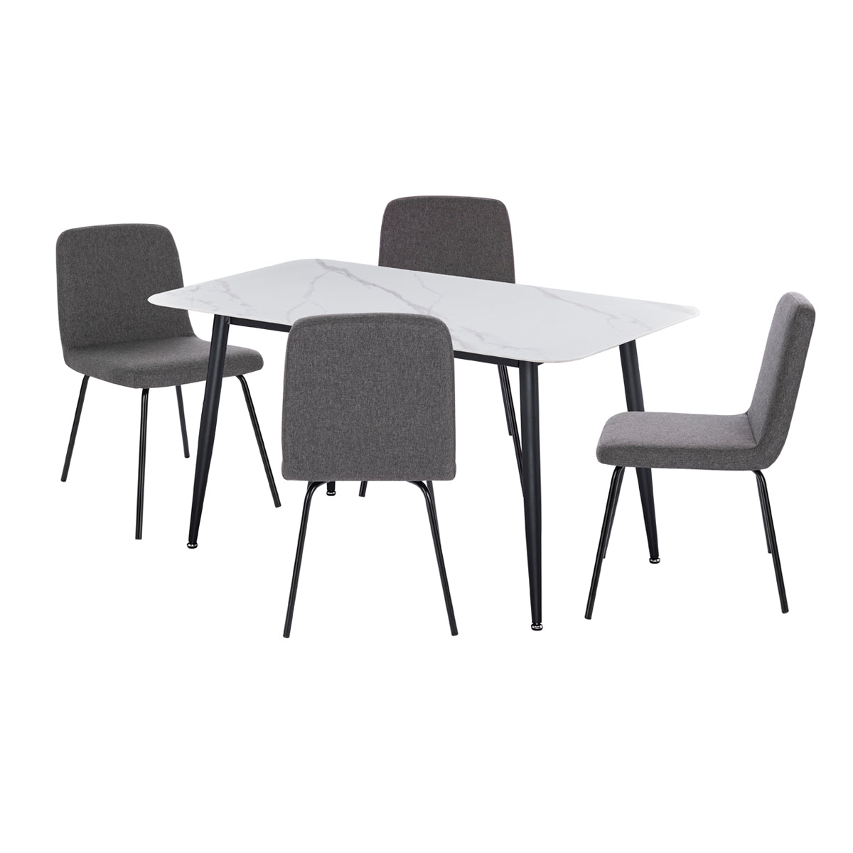 Vue d'ensemble de la table DIVA en finition stratifiée effet marbre blanc et pieds métal noirs