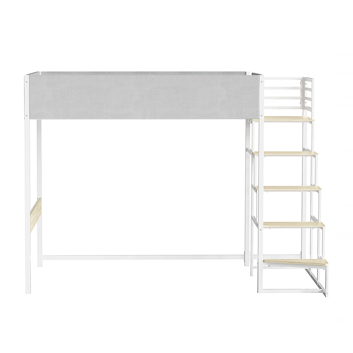 Vue de face du lit mezzanine DOCKLAND avec escalier réversible 140x190 cm en métal blanc finition tissu gris clair et mélamine chêne