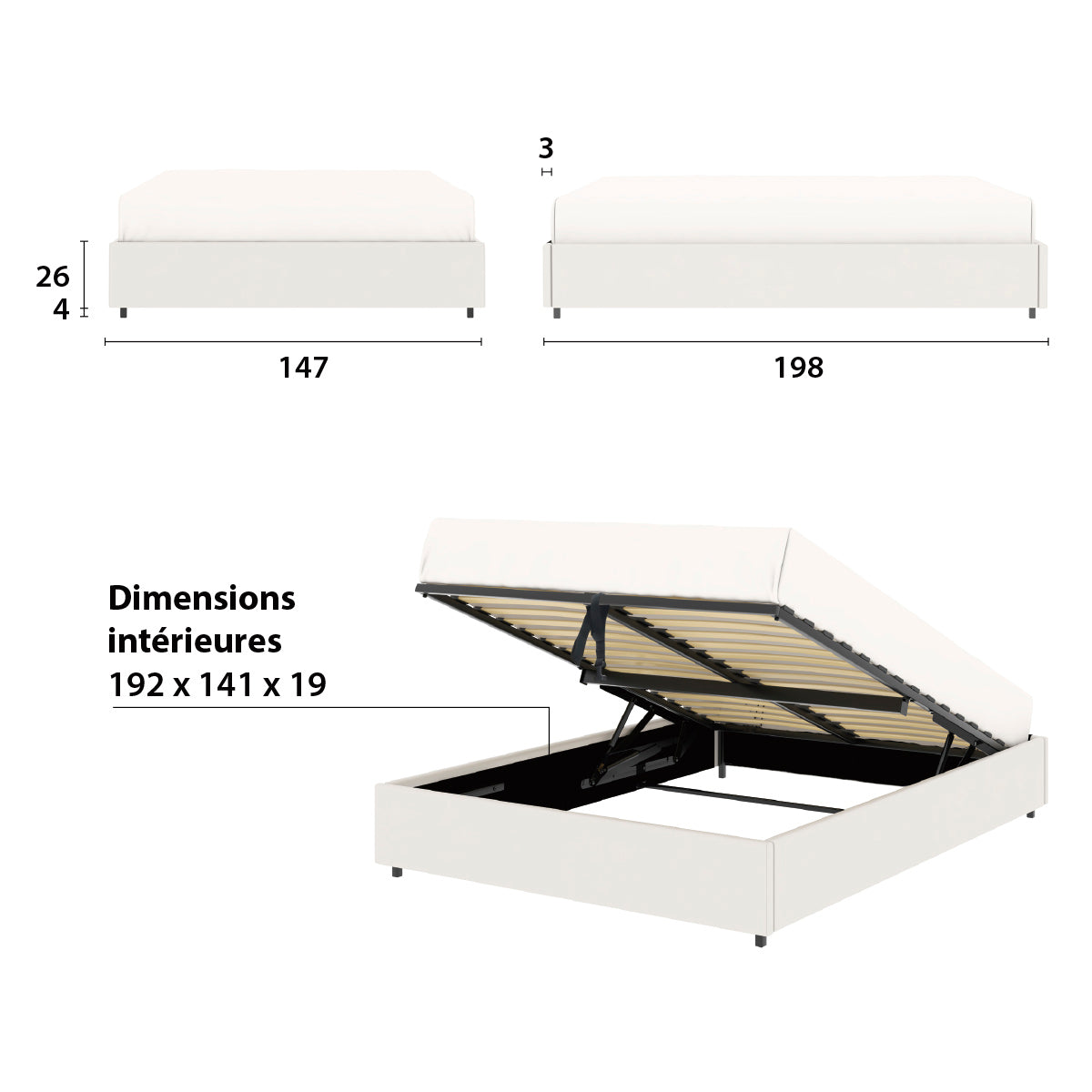 Détail des dimensions principales du lit plateforme LANCE 140x190 cm avec coffre de rangement en finition PU blanche