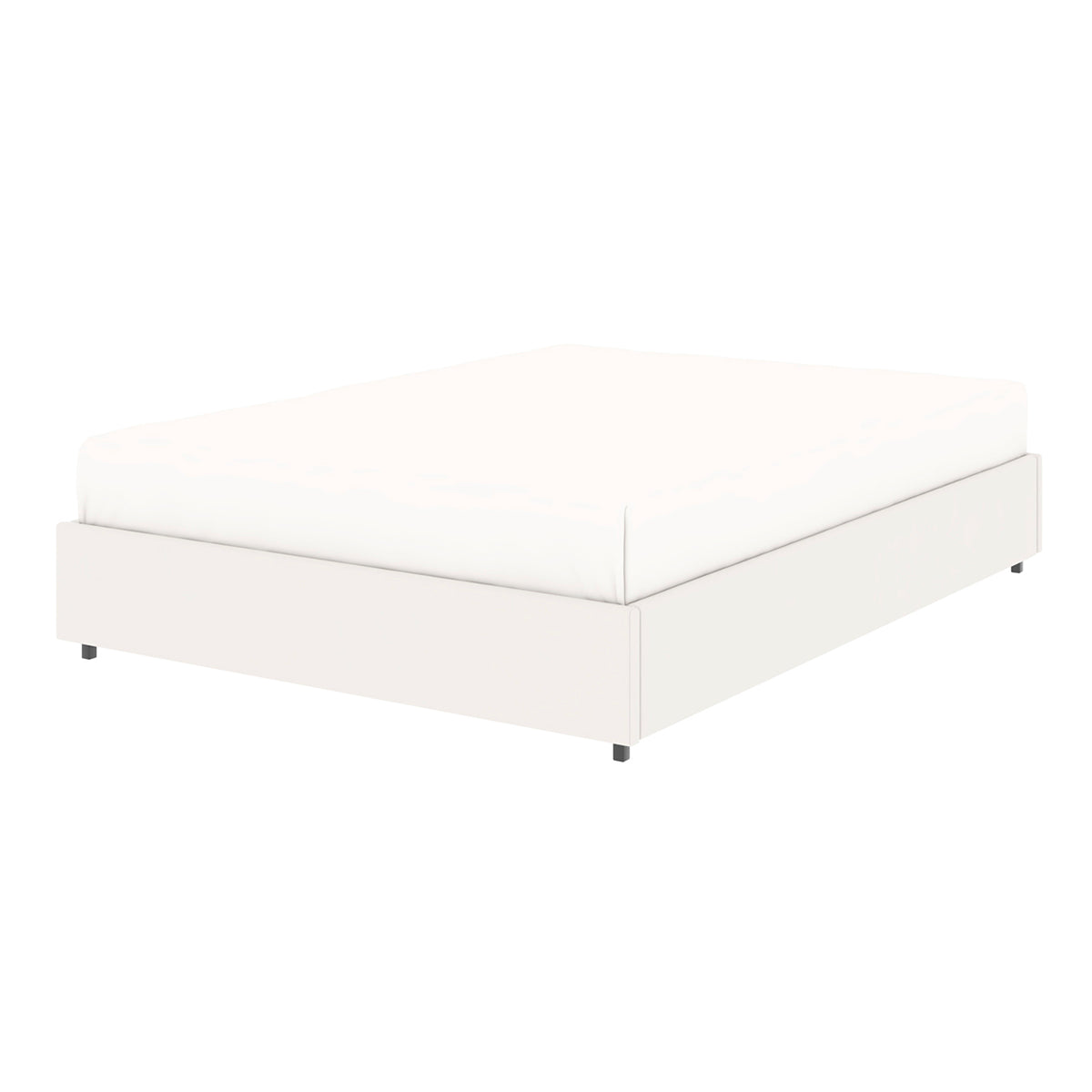 Vue de 3/4 fermée du lit plateforme LANCE 140x190 cm avec coffre de rangement en finition PU blanche - matelas non fourni