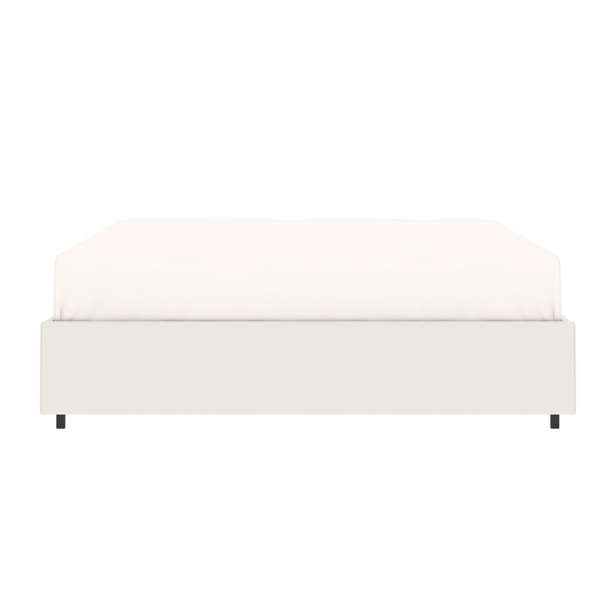Vue de face du lit plateforme LANCE 140x190 cm avec coffre de rangement en finition PU blanche - matelas non fourni