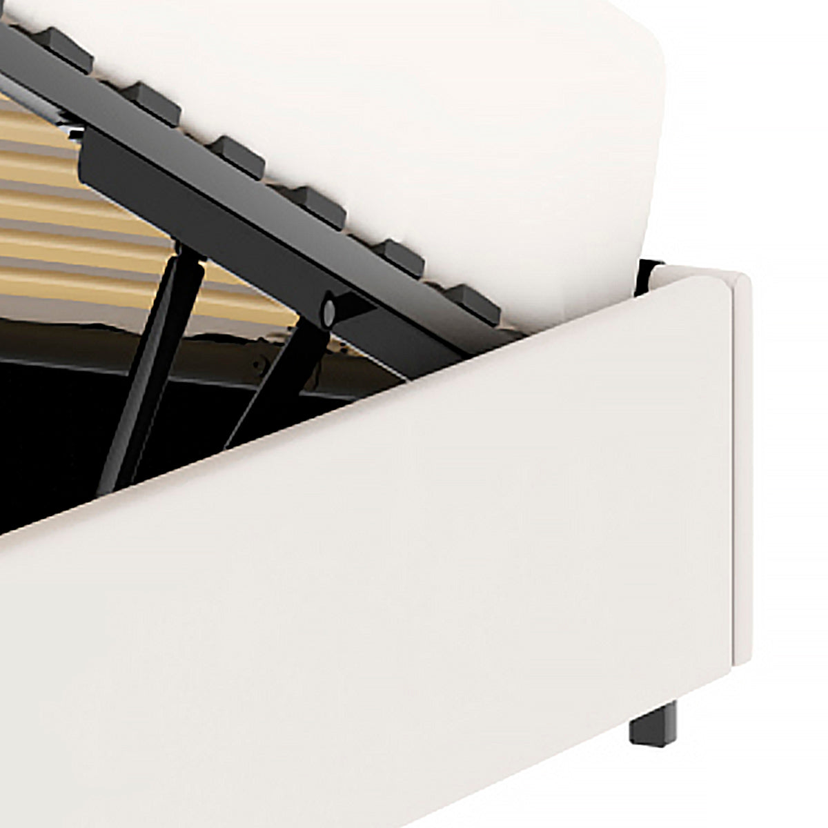 Détail du côté tête de lit du lit plateforme LANCE 140x190 cm avec coffre de rangement en finition PU blanche