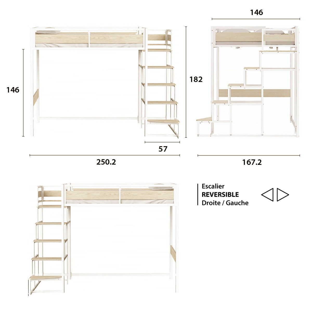 Détail des principales dimensions du lit mezzanine MONTANA avec escalier réversible 140x190 cm en métal blanc finition mélamine chêne