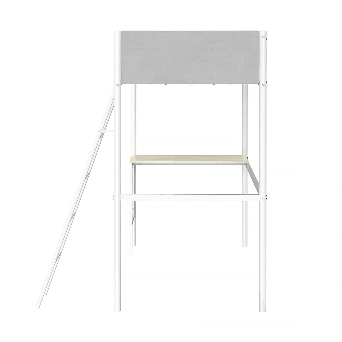 Vue de côté du lit mezzanine ROZE avec bureau 90x190 cm en métal blanc finition tissu gris