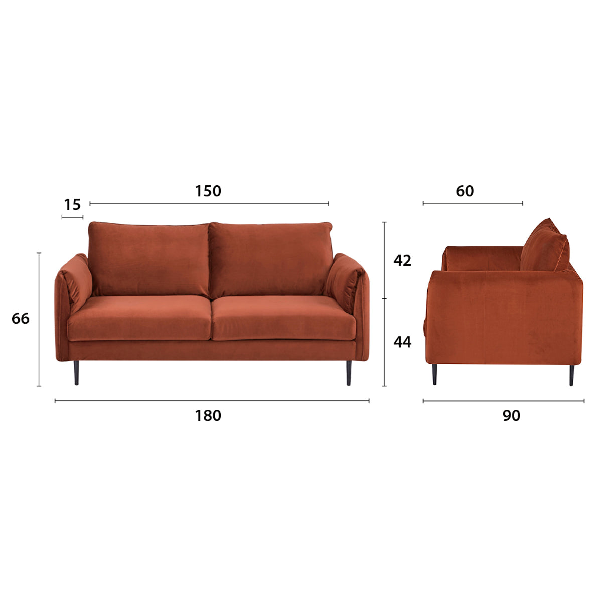 Détail des principales dimensions du canapé 3 places YORK en finition velours terracotta