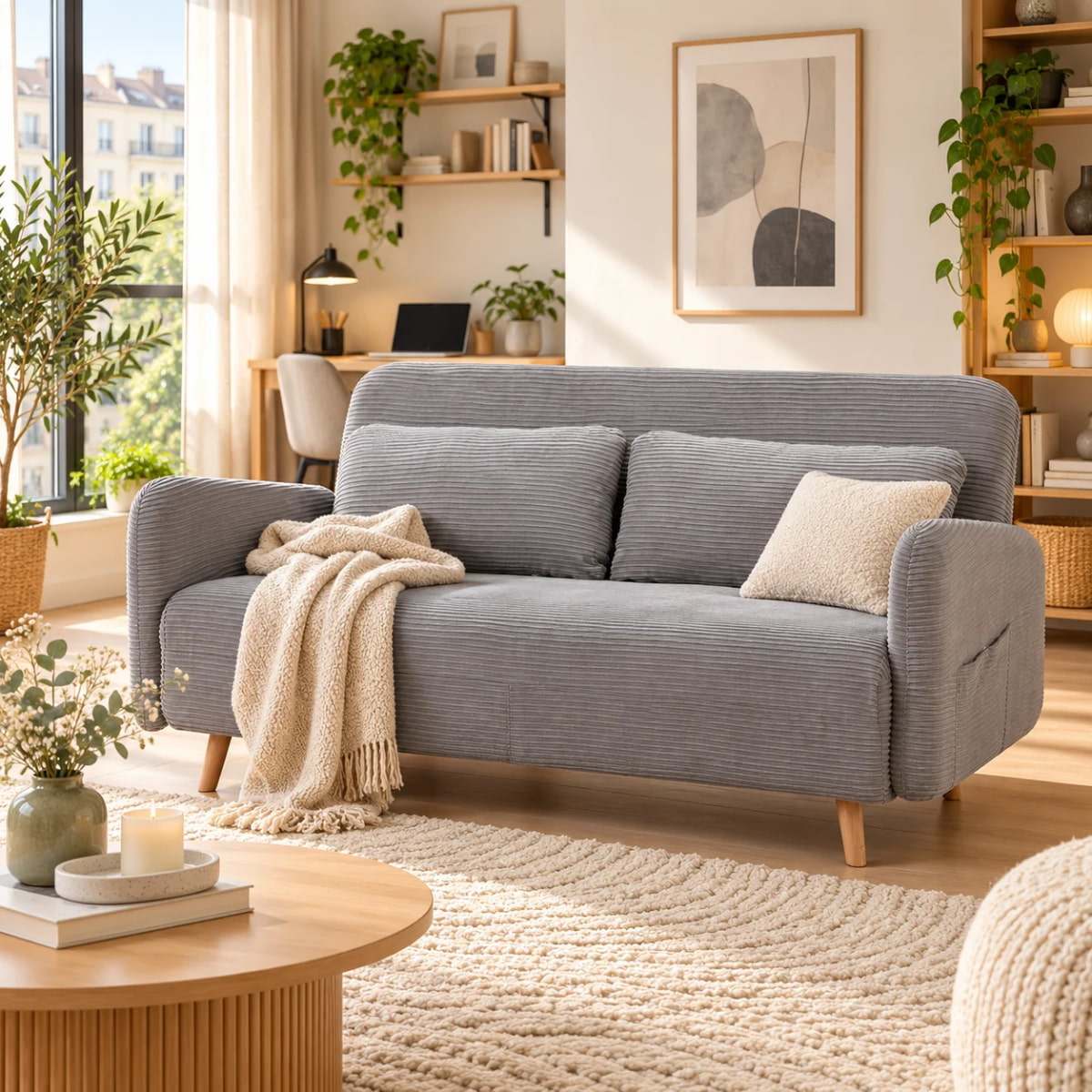 Vue lifestyle du canape lit BZ ARI en finition velours cotele gris