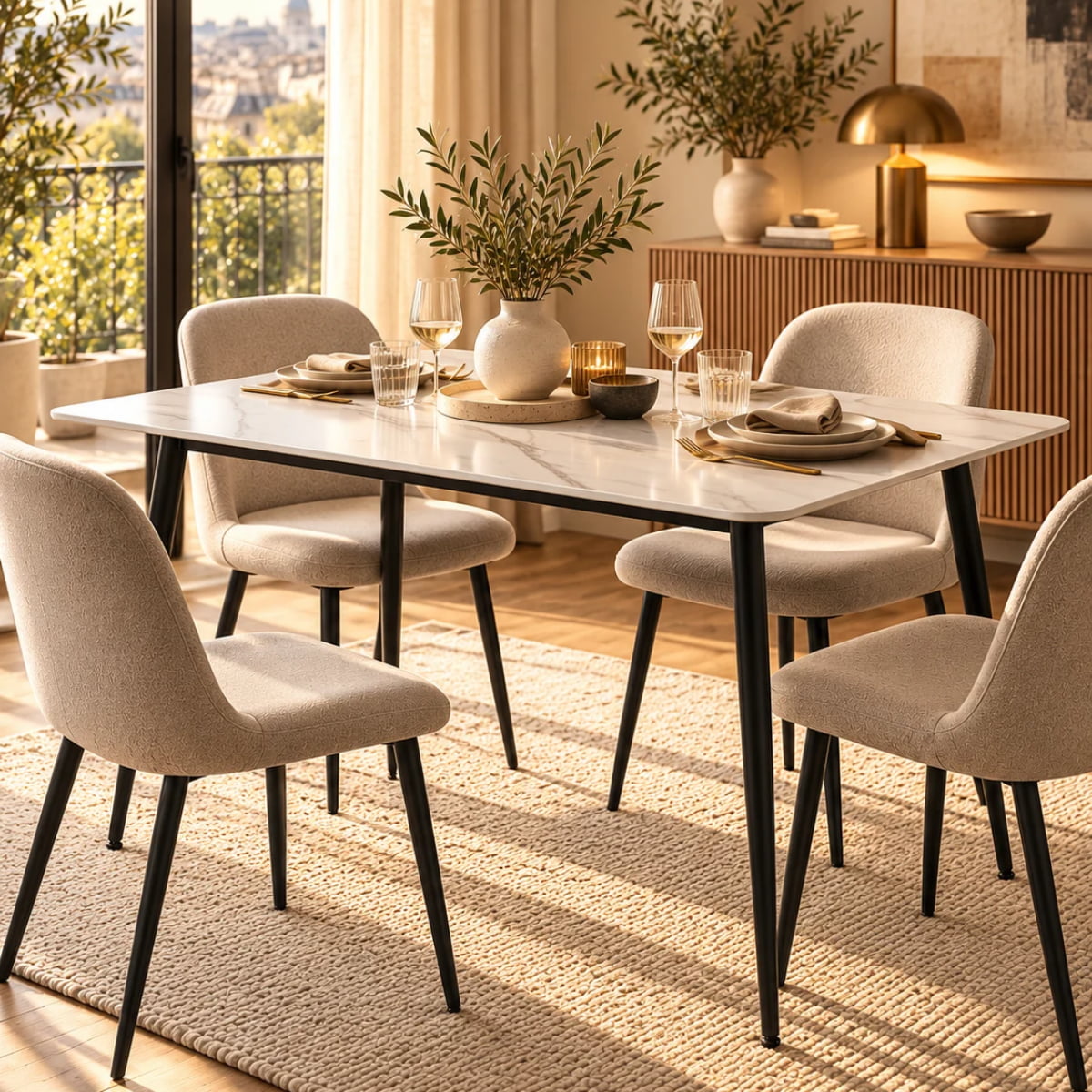 Vue lifestyle table rectangulaire DIVA noire finition stratifiee imitatiom marbre blanc