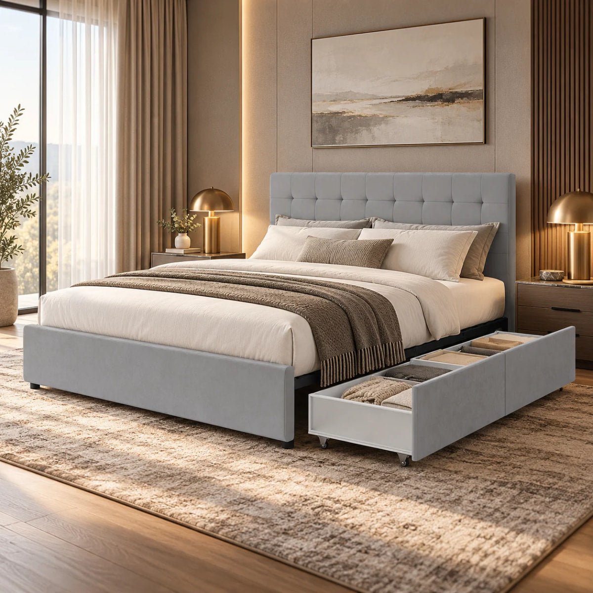 Lifestyle picture lit tiroirs gris ELLIE160