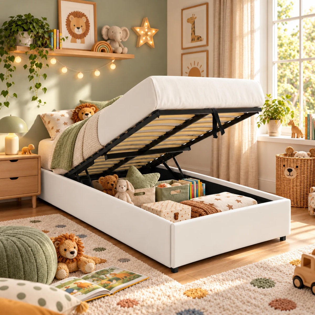 Vue lifestyle du sommier coffre LANCE PU blanc pour matelas 90x190 cm