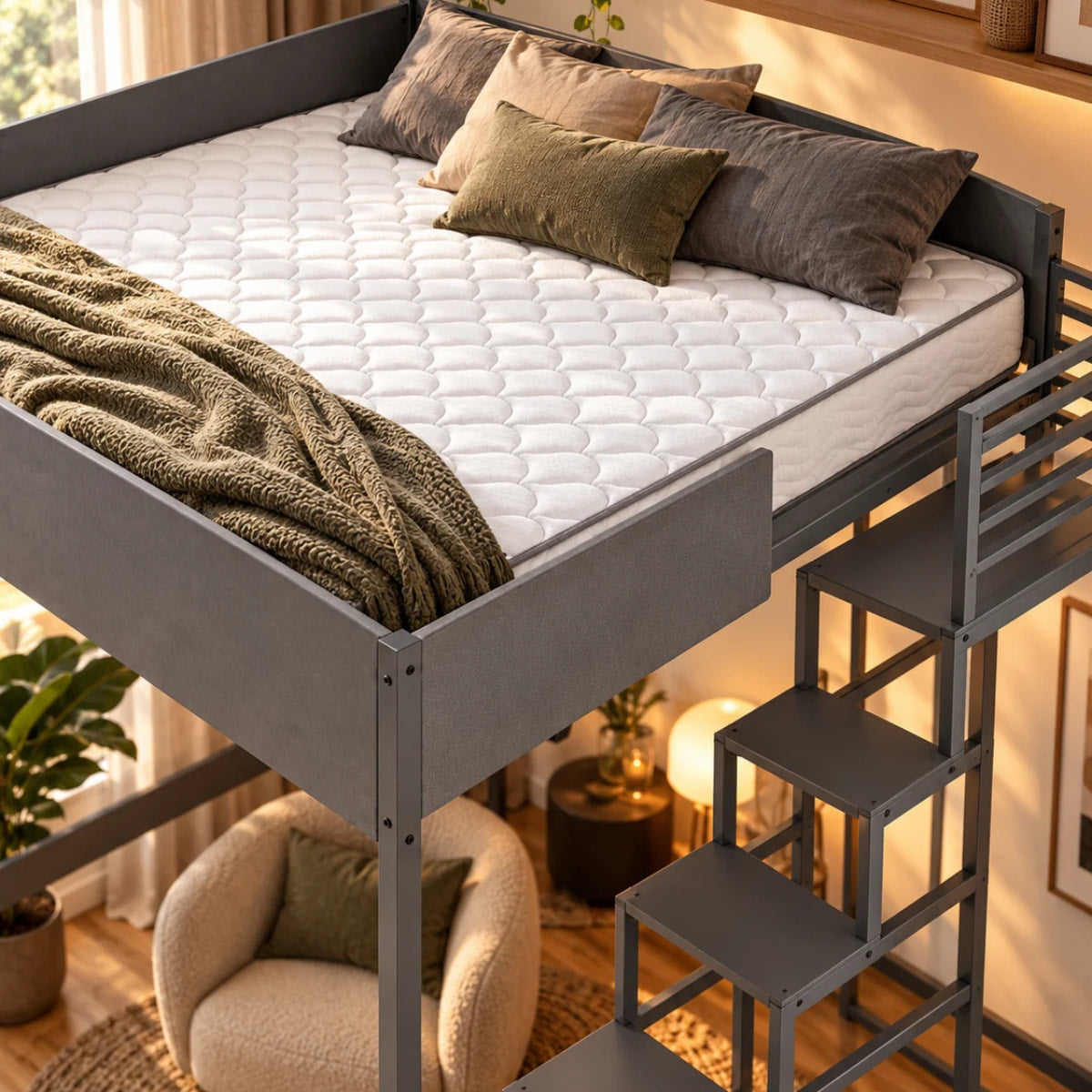 Vue lifestyle d'un matelas NIMBUS 140x190x15 cm sur un lit mezzanine DOCKLAND